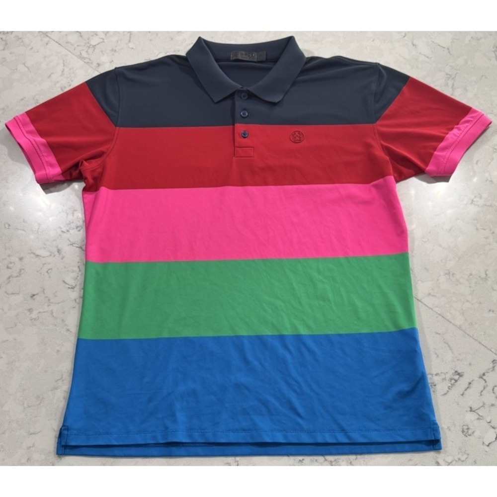 G/FORE Golf Polo Shirt Mens Medium Blue Pink Green Stripe Tech Pique Stretch